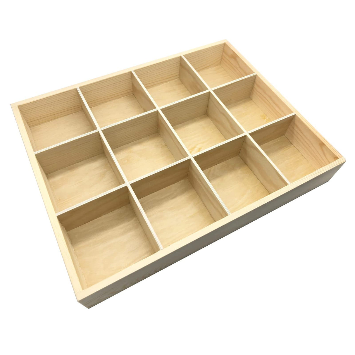 LONG TAO 1 Pcs 13.4''x10.6''x2'' Wooden Storage Divider Box Showcase Display Box Organization Tray Display Holder Tabletop Box with 12 Compartments for Home Craft Office Kitchen Storage LONG TAO