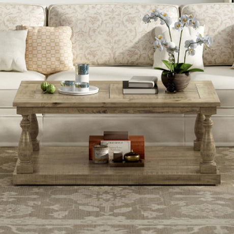 P PURLOVE Solid Wood Coffee Table, Modern Farmhouse Coffee Table/Center Table with Storage, 2 Tier Coffee Table Rectangle for Living Room,Bedroom,Yellow Brown P PURLOVE