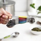 Spring Chef Magnetic Measuring Spoons Set with Strong N45 Magnets, Heavy Duty Stainless Steel Metal, Fits in Most Kitchen Spice Jars for Baking & Cooking, BPA Free, Multicolor, Set of 8 with Leveler Spring Chef