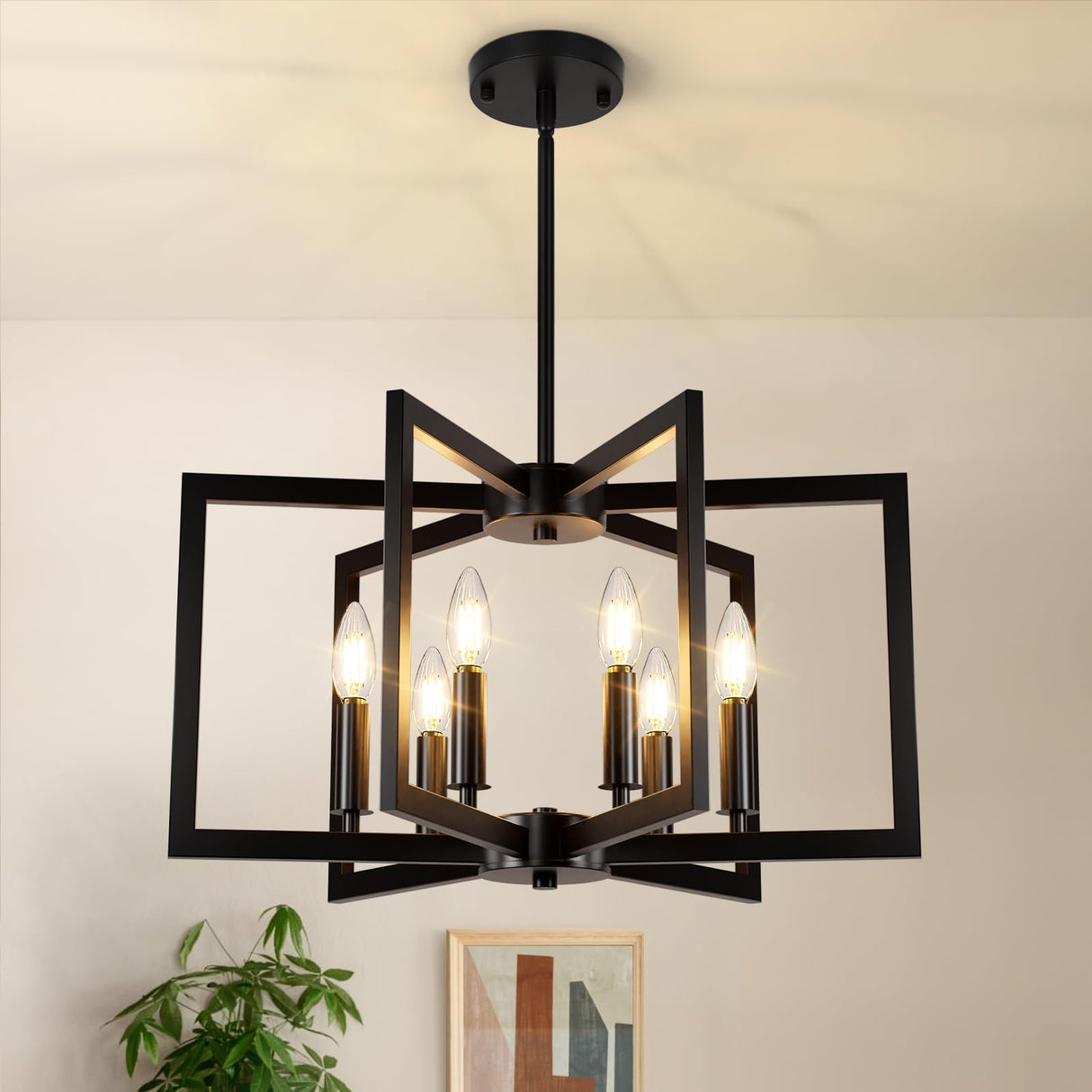 6-Light Black Chandelier, Farmhouse Dining Room Light Fixture, Large Modern Chandelier, Geometric Industrial Metal Hang Lighting Fixture for Foyer Entryway Kitchen Over Table Hallway Living Room Bairth