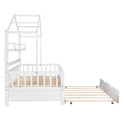 Bellemave Twin Size House Bed with Trundle and Storage Shelves for Kids - White Montessori Playhouse Frame - WoodArtSupply