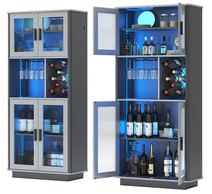 LVSOMT LED Wine Bar Cabinets with Removable Wine Rack, Bar Cabinets for Liquor with Light Motion Sensor, Kitchen Cabinet Storage for Dinning Room, Living Room (Dark Grey + Light Grey) - WoodArtSupply