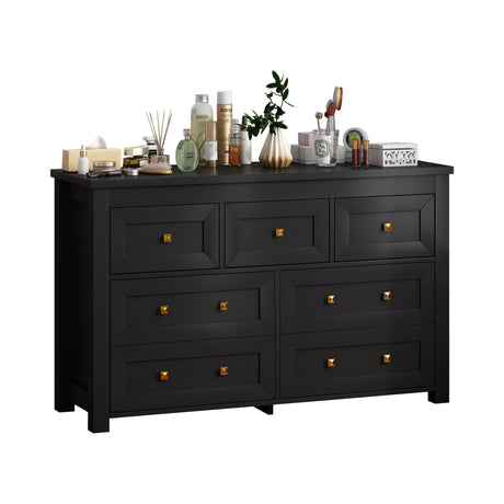 Wodeer Black 7 Drawers Dresser for Bedroom,Wood Farmhouse Storage Chest of Drawers, Dresser with Metal Handles,Dressers Organizer for Bedroom, Living Room,Hallway,Nursery,Black Wodeer