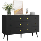 BAZELOR Dresser for Bedroom with 6 Drawers, Double Wood Dresser with Gold Handles, Modern Mid Century Chest of Drawers for Living Room, Hallway, Black BAZELOR