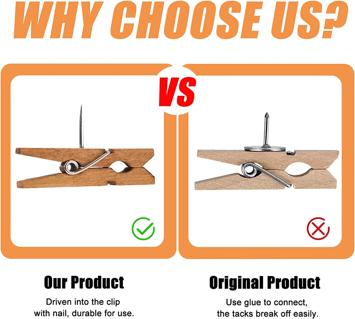 50 PCS Push Pin with Wooden Clips, Durable Wooden Push Pins, Decorative Pushpins Tacks Thumbtacks, Tacks for Cork Board Artworks Notes Photos, Craft Projects, Offices and Homes Joyberg