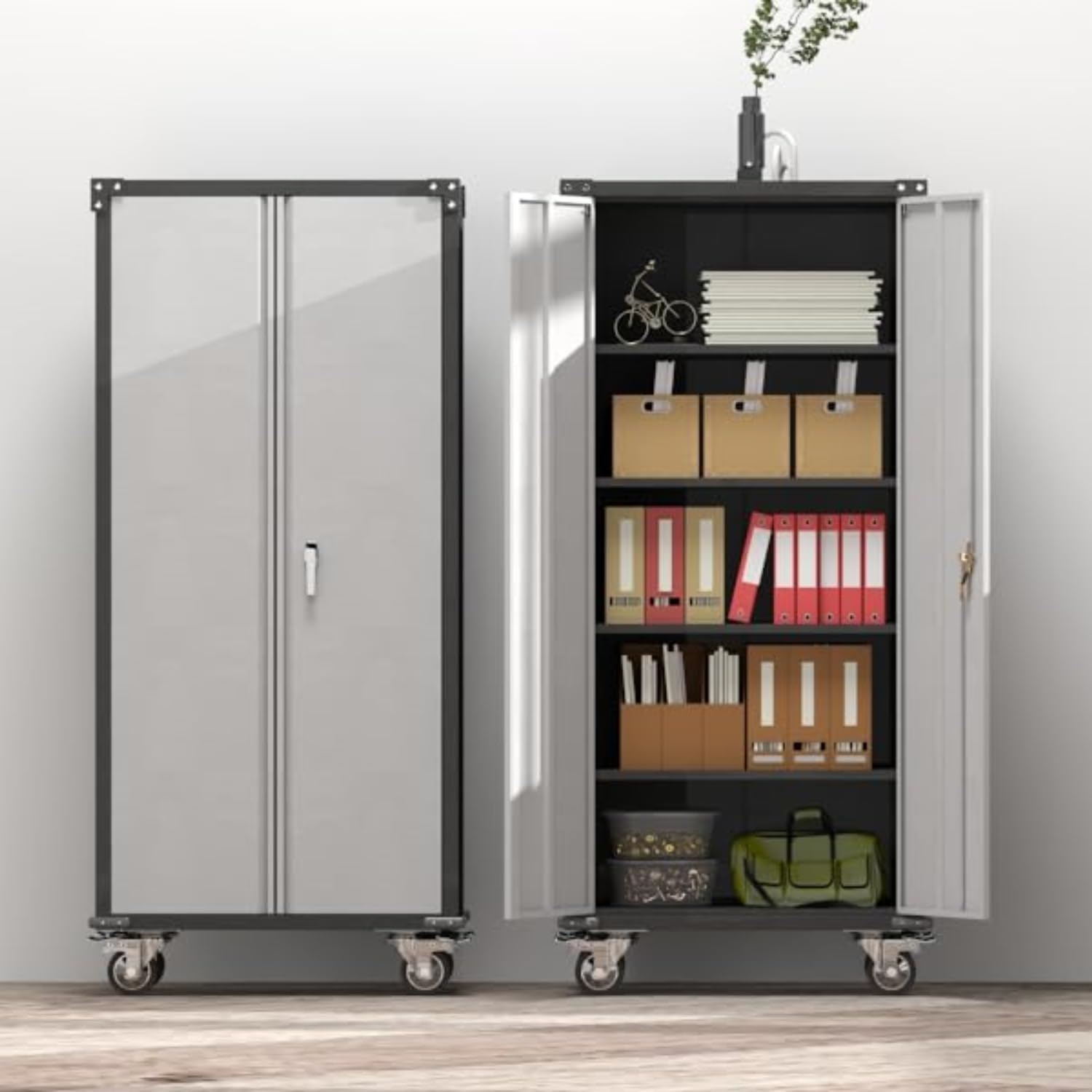 Waqiv Rolling Garage Storage Cabinet with Locking Door and Shelves, 71''H Lockable Metal Storage Cabinet on Wheels, Steel Tool Cabinet for Warehouse, Basement, Utility Room, Black&Gray - WoodArtSupply