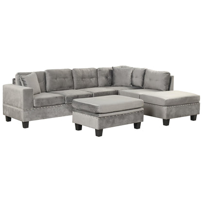 P PURLOVE Sectional Sofa Couch with Reversible Chaise and Ottoman, Polyester L-Shape Couch with 2 Pillows and Cup Holder, Sectional Sofas for Living Room (Gray)