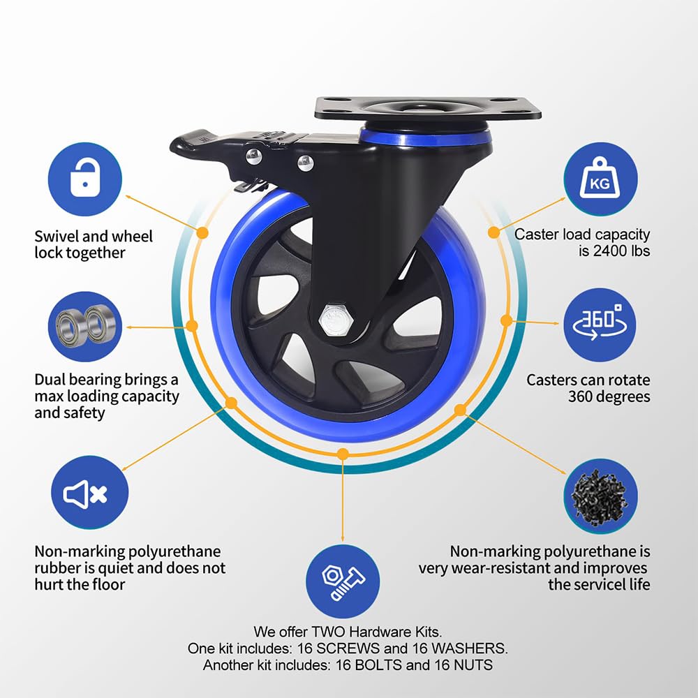 5 Inch Caster Wheels, Casters Set of 4 Heavy Duty with Brake, Safety Dual Locking Casters, No Noise Wheels with Polyurethane Foam, Load 2400LBS (Two Hardware Kits Included)