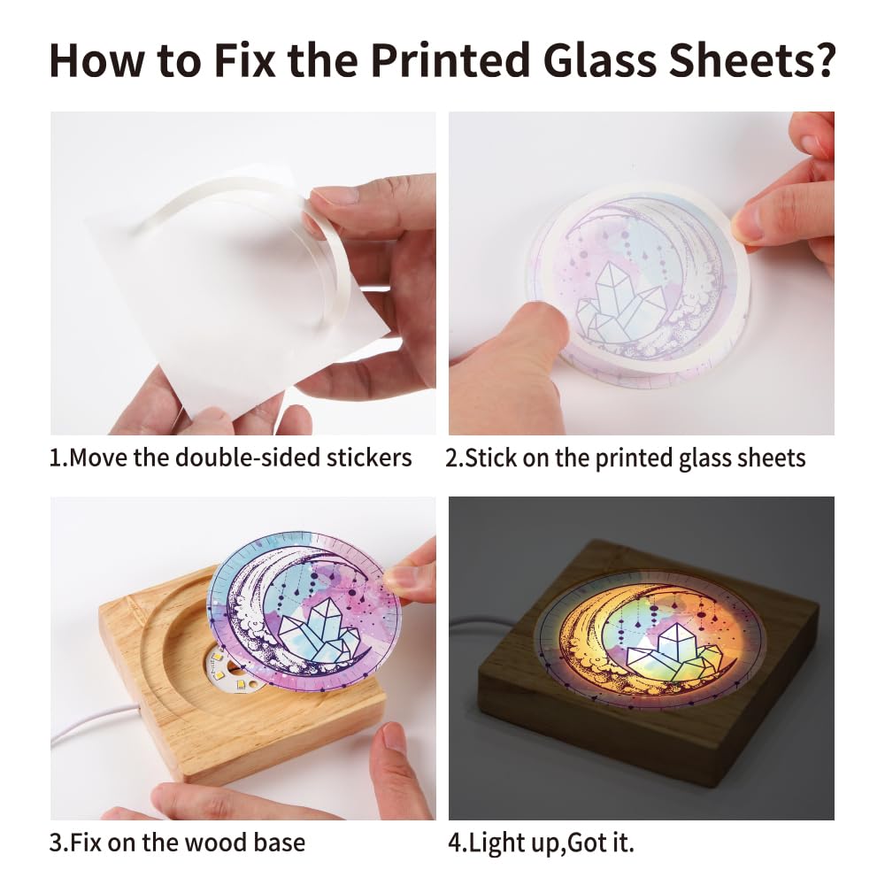 PYD Life 6 Pack Sublimation Night Lights Blanks LED Glass Photo Frames Panels White 3.5" Round with Warm Light,with 3.9" Round Wooden Display Base for Heat Press Machine Printing PYD Life