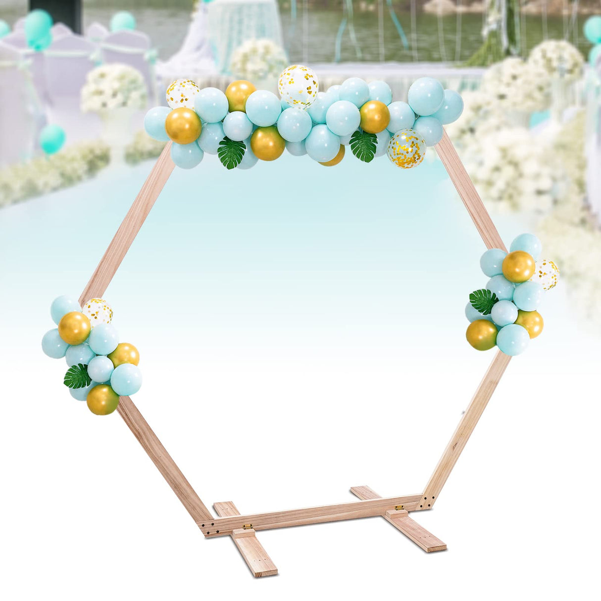 Wooden Wedding Arch for Ceremony, 2.33 * 2.25m/7.6 * 7.4ft Hexagon Backdrop Arch Stand for Wedding Ceremony Gorgeous Wedding Arbor Rustic Arch Decorations for Garden Wedding, Partie Netcoin