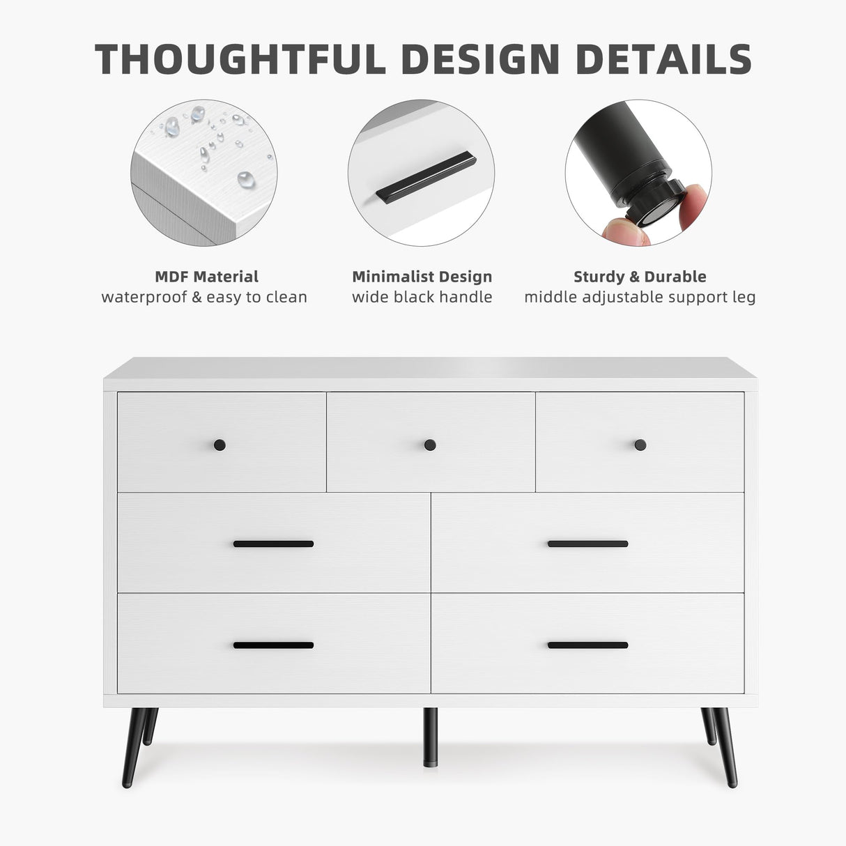 DWVO White 7 Drawer Dresser, 47" W Large Double Dresser Chest of Drawers, Modern Wood Storage Dresser Organizer with Black Metal Handles & Anti-Tipping Device for Hallway, Entryway DWVO
