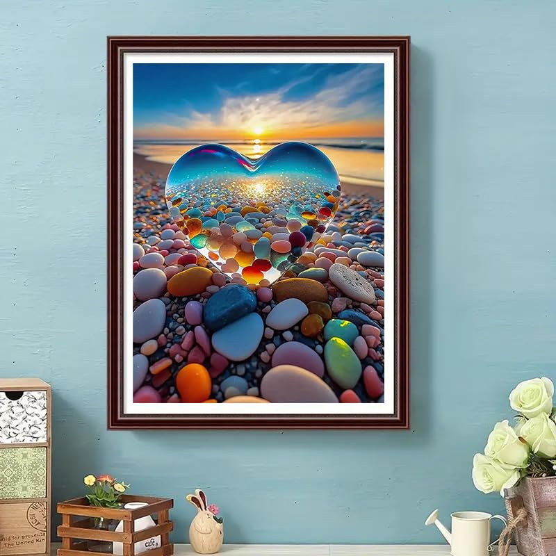 HSENJT 5D Diamond Painting Kits Beach Love for Adults Beginners,Sea Stone DIY Diamond Art,Love Heart Stone Paint with Round Diamonds for Home Wall Decor Gift(30x40cm/11.8X15.7Inch) HSENJT