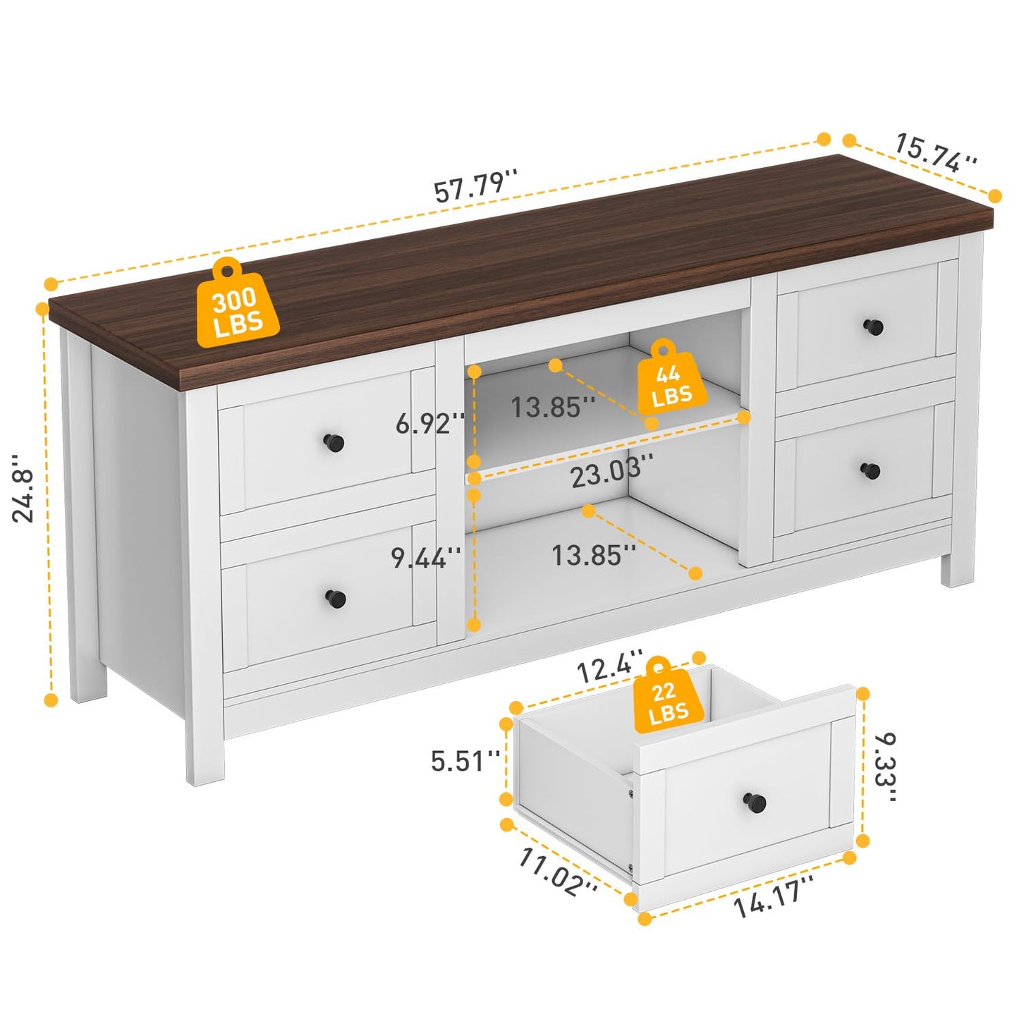 knoworld TV Stand for 65, 60 Inches TV, Entertainment Center with 4 Drawers, Modern Mid Century Media TV Console Table for Living Room Bedroom (White+Walnut)