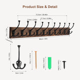 Gohiuo Rustic 34" Large Coat Rack Wall Mount, Long Wood Coat Hooks with 10 Triple Hooks, Heavy Duty Wooden Coat Hanger Wall Mount for Entryway, Farmhouse Hanging Jackets, Coats, Hats, Bags,Towel Gohiuo