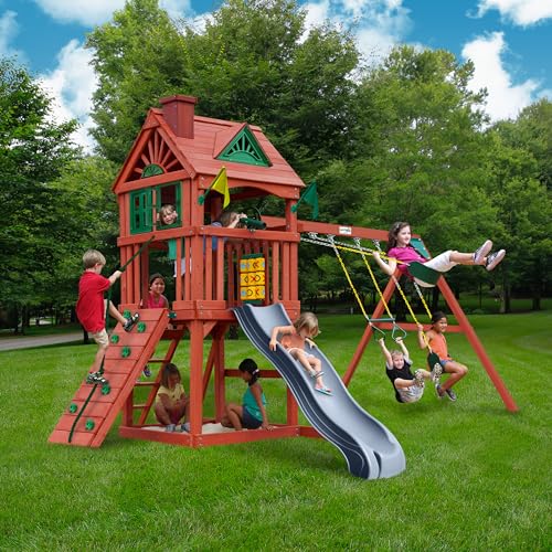 Gorilla Playsets 01-0021-GREY Nantucket II Wood Swing Set with Wood Roof, Two Swings, Grey Slide, Sandbox Area, Rock Wall, Redwood Color