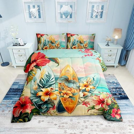 Manfei Surfing Kids Comforter Set Twin Size,Tropical Palm Trees Leaves Flowers Bedding Set,Boys Girls Room Decor,Surfboards Summer Beach Down Comforter,Blue Red Colorful Duvet Insert,1 Pillowcase Manfei