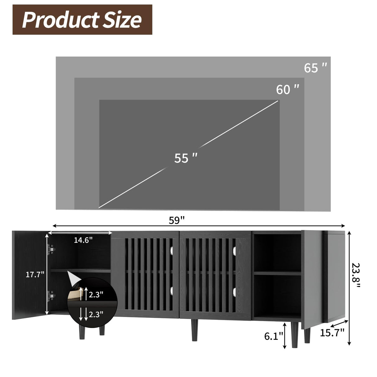 ROMMAK Boho TV Stand for 55-65 Inch TV, 4 Doors, Entertainment Center with Adjustable Shelf, TV Console with 4 Cabinets, Media Console, Solid Wood Feet, Cord Holes for Living Room, Bedroom, Black ROMMAK