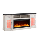 JXQTLINGMU Fireplace TV Stand for 80 Inch TV, Farmhouse Highboy Entertainment Center w/LED Lights & 36" Electric Fireplace, Large Media Console w/Glass Door Cabinet & Storage Drawer, White JXQTLINGMU