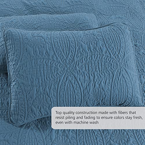 Pure Bedding Quilt Set Full/Queen Size Ash Blue - Oversized Bedspread - Soft Microfiber Lightweight Coverlet for All Season - 3 Piece Includes 1 Quilt and 2 Shams, Geometric Pattern Pure Bedding