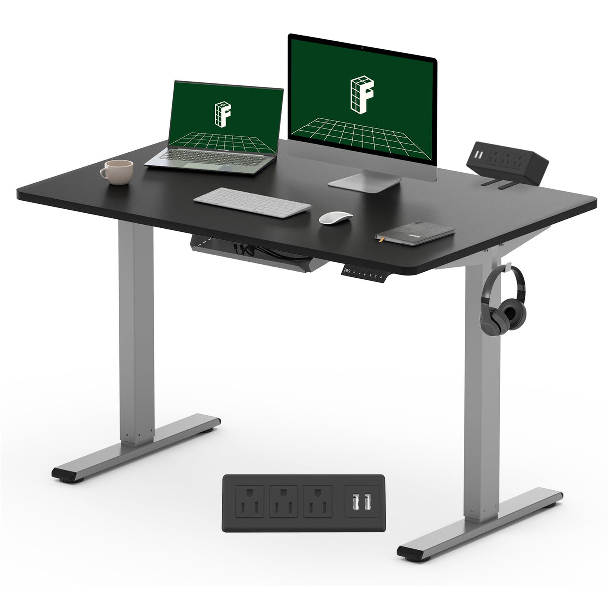 FLEXISPOT EN2 Electric Stand Up Desk 48 x 30'' Whole-Piece Desktop Standing Desk Standing Height Adjustable Desk with Desk Clamp Power Strip, Cable Management (Gray Frame + 48" Black Top, 2 Packages) FLEXISPOT