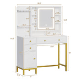 AOGLLATI Makeup Vanity with Lights in 3 Colors, White Vanity Desk with Mirror and Lights, Vanity Table with Charging Station, Makeup Desk with Visible Drawers, Hidden and Open Storage Shelves AOGLLATI