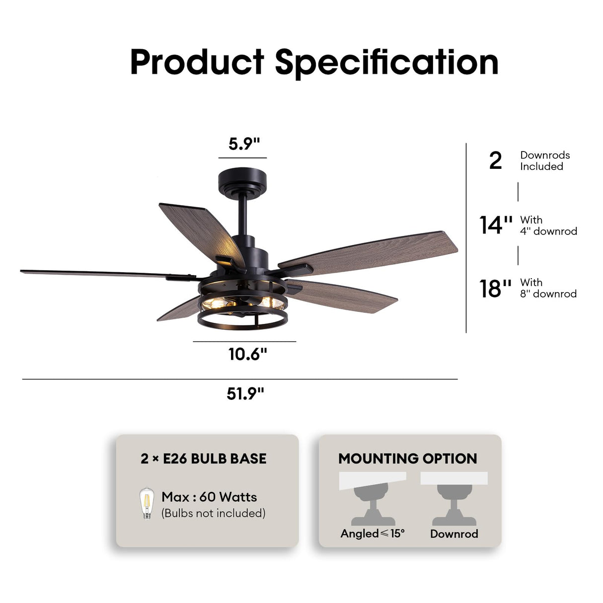 52 Inch Ceiling Fans with Lights and Remote Control, Farmhouse Ceiling Fan for Bedroom Living Room and Patio, Black Caged Ceiling Fan for Indoor and Outdoor LuminFan