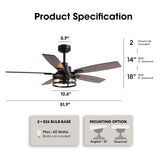 52 Inch Ceiling Fans with Lights and Remote Control, Farmhouse Ceiling Fan for Bedroom Living Room and Patio, Black Caged Ceiling Fan for Indoor and Outdoor LuminFan