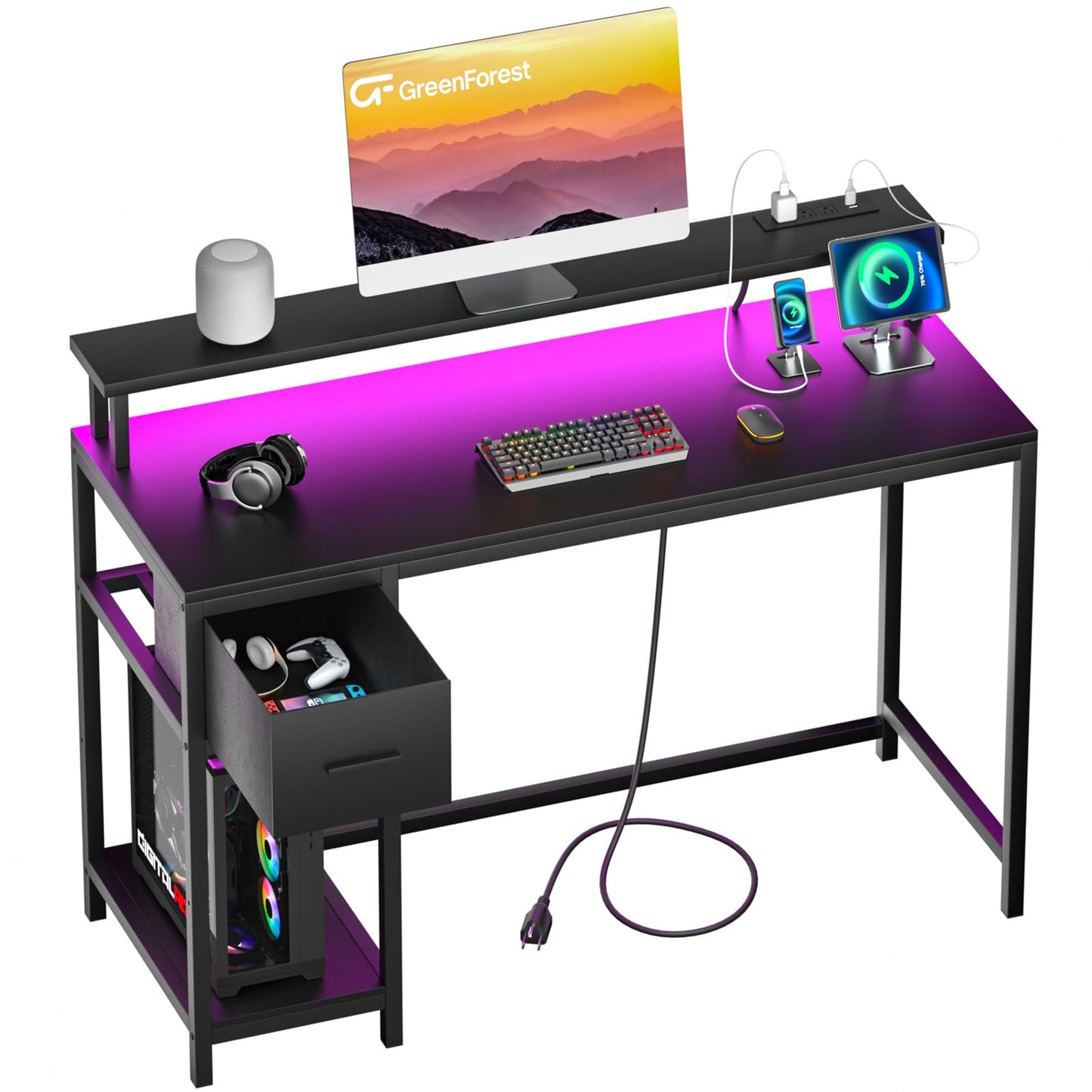 GreenForest Computer Desk with Drawers 39 inch,Gaming Desk with LED Lights & Power Outlets Small Desk with Monitor Stand and Reversible Shelf,Black