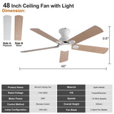 KENSID 48 Inch White Ceiling Fans with Lights and Remote,Low Profile Flush Mount Modern Ceiling Fan with Light, 5 Blades,Dimmable LED Light,6 Speed DC Motor,Indoor Outdoor Ceiling Fan for Bedroom KENSID