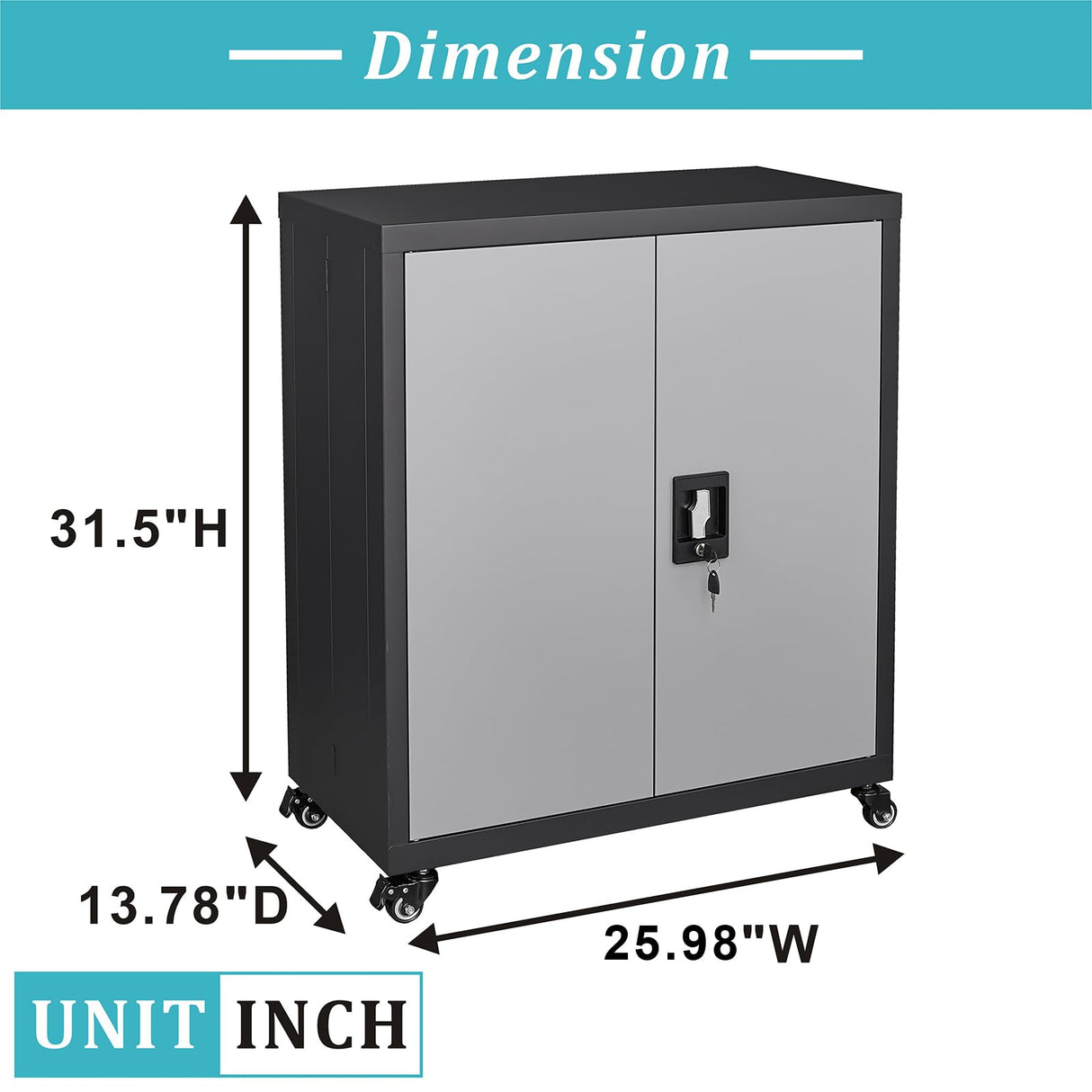 GREATMEET Metal Storage Cabinet with Locking Doors and Wheels,Garage Cabinet with Shelves for Home Office, Gym, School,Black+Grey GREATMEET