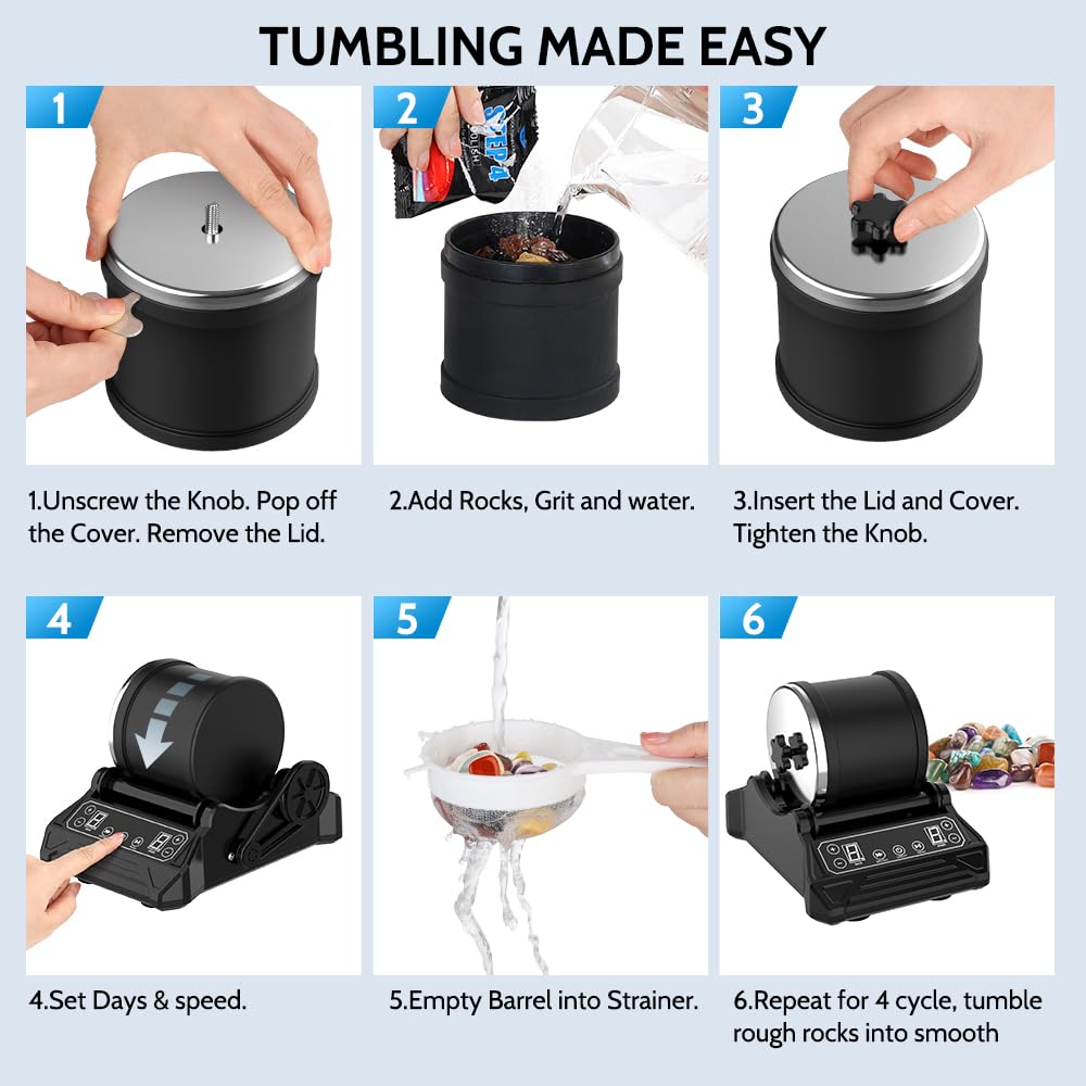 Rock Tumbler Kit 2.5lbs XL Barrel Rock Tumbler for Adults Kids Rock Polisher Tumbler Kit LCD Display 9-Speed Motor 9-Day Timer 2.5lbs Rough Gemstones 4 Polishing Grits Complete STEM Science Hobby Kit Acmeenjoy