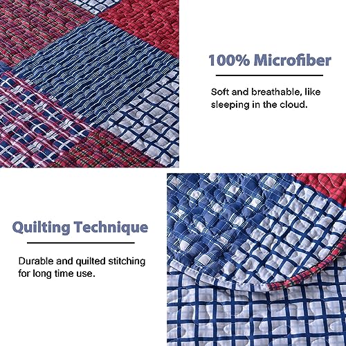 Hailea Red Blue Plaid Quilt Set Twin Size Country Patchwork Bedding Lightweight Reversible Bedspread Coverlet with Sham Soft All Season Bed Cover Set, 1 Quilt 2 Pillow Shams Hailea