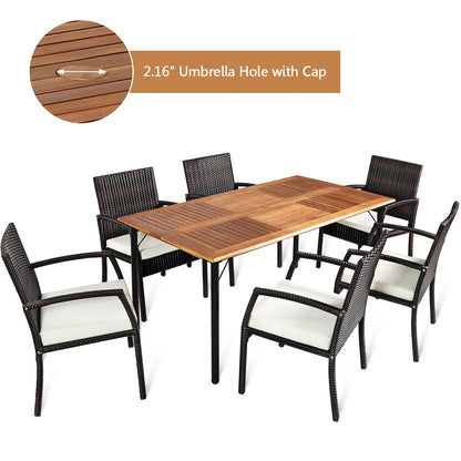 HAPPYGRILL 7 Pieces Patio Dining Set Outdoor Rattan Wicker Dining Furniture Set with Umbrella Hole, Powder Coated Steel Frame, Acacia Wood Dining Table and Armchairs with Removable Cushions - WoodArtSupply