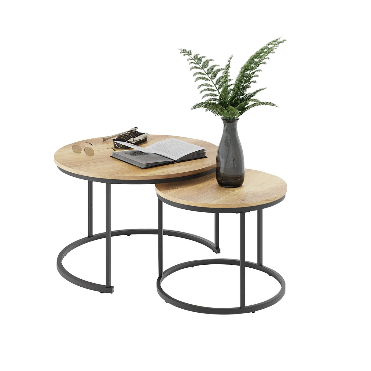 Smuxee Nesting Coffee Table Set of 2, 27.6" Round Coffee Table Wood Grain Top with Adjustable Non-Slip Feet, Industrial End Table Side Tables for Living Room Bedroom Balcony Yard Smuxee