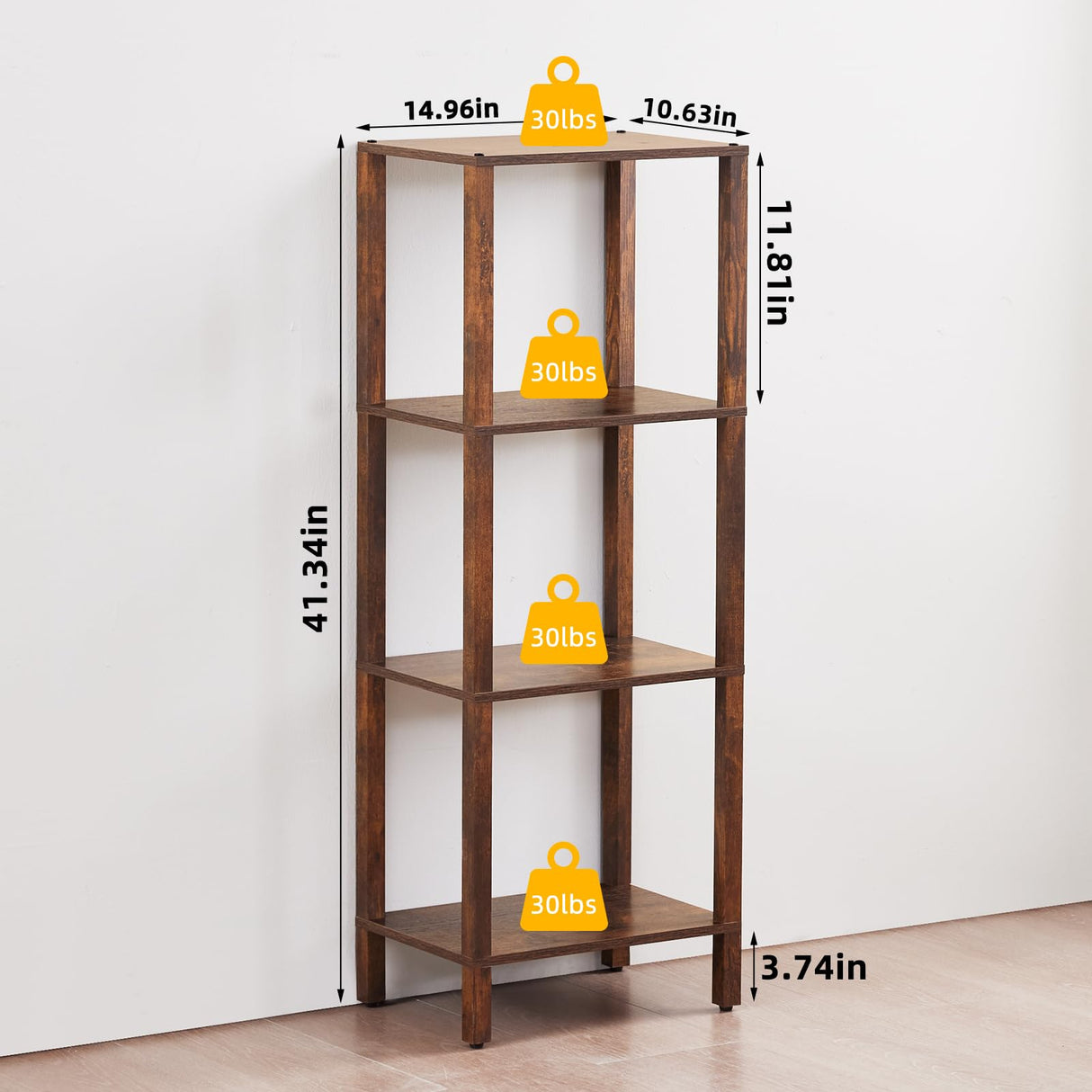 YUFAM 4 Tier Tall Wooden Bookshelf with Storage - Small Bookcase for Small Spaces, Small Shelf for Living Room, Office, Bedroom, Kitchen - Industrial Retro Brown Book Shelf YUFAM