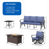 Xmkmvk 5 Piece Patio Furniture Set with 50000 BTU Propane Fire Pit Table, All-Weather Outdoor Conversation Set with 2 Swivel Chairs, Sofa and Thick Cushions for Garden, Porch, Lawn, Blue Xmkmvk