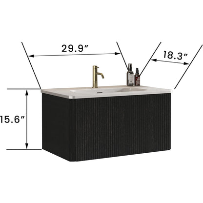 YSJZYBF 30" Bathroom Vanity Sink Combo Single Sink Wall Mounted Bathroom Cabinet with Ceramic Sink Modern Bathroom Sink Cabinet with Soft Close Drawers, Black