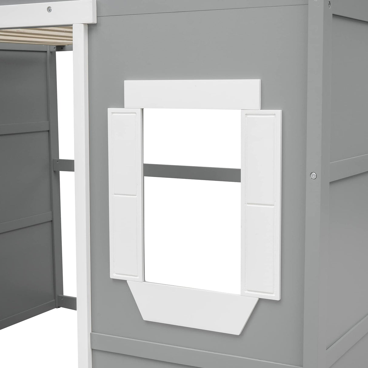 VilroCaz Stylish Gray and White Full Size Loft Bed with Safety Guardrail and Playhouse Design VilroCaz