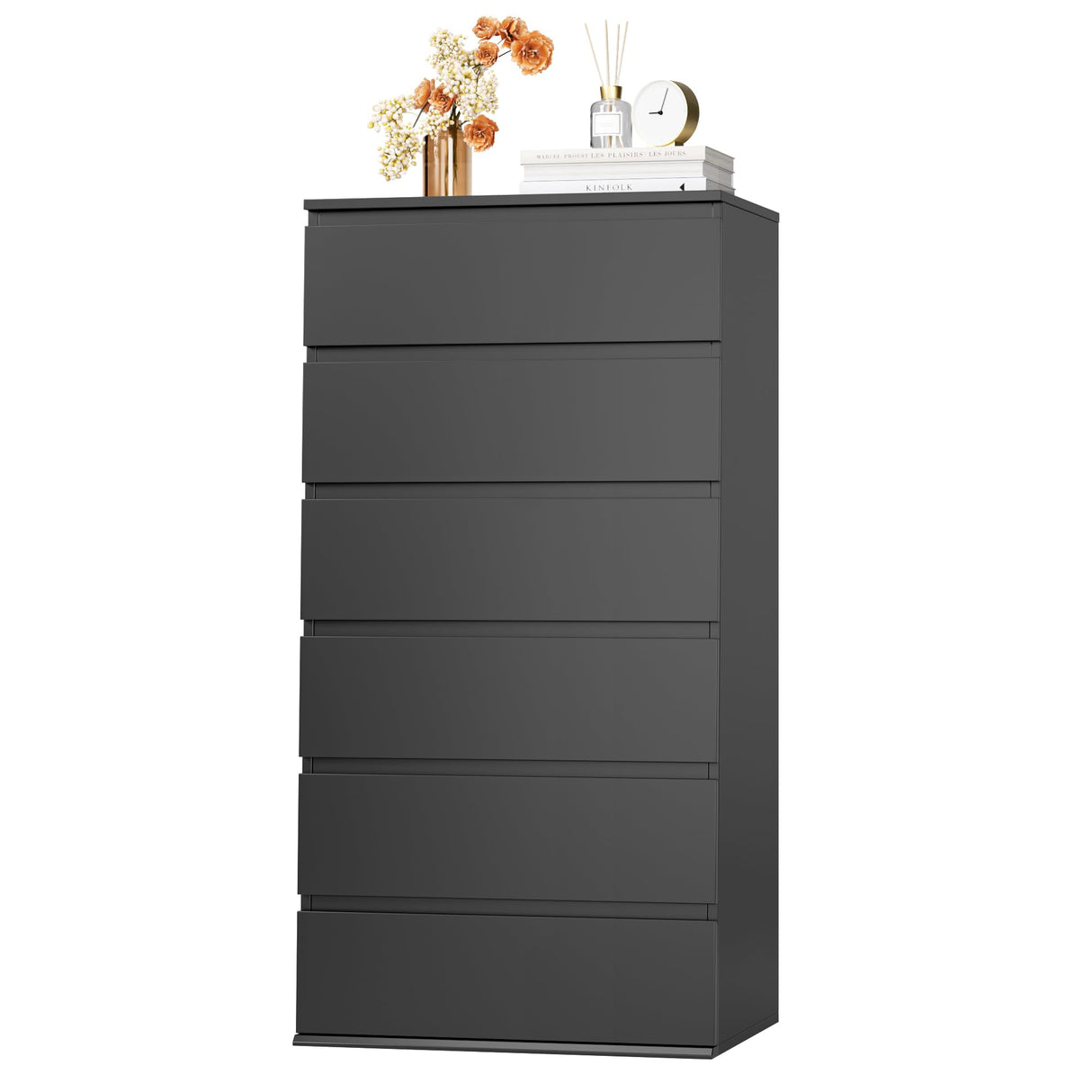 FOTOSOK Black Dresser, 6 Drawer Dresser, Modern Tall Black Storage Chest of Drawers Wood Dresser with Metal Sliding Rail, Handleless Drawer Cabinet for Home & Office FOTOSOK