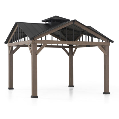 Sunjoy 12 x 12 ft. Hardtop Gazebo 2-Tier Wooden Frame Outdoor Gazebo with Ceiling Hook for Patio, Backyard, and Garden, Brown - WoodArtSupply