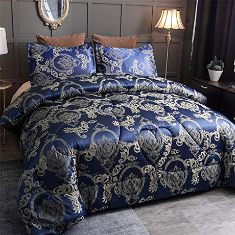 Raytrue-X King Comforter Set Silk Blanket All Season Bed Comforter King Set Royal Blue Jacquard Quilt Soft Microfiber Bedding Sets Matching 2 Pillow Shams(King, 104x90 inches) Raytrue-X