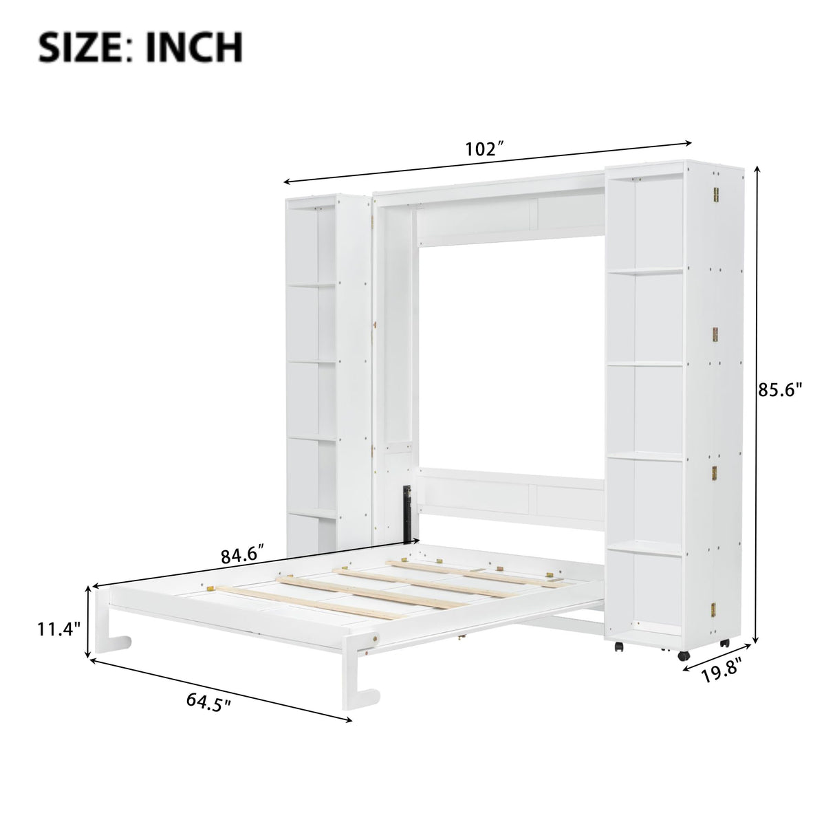Foldable Hidden Queen Murphy Bed Cabinet with Storage Bookshelf Bookcase, Wood White Murphy Wall Bed with Storage Shelves for Adults (White) MERITLINE