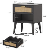 Irontar Nightstand Set of 2, Bedroom Night Stand with Charging Station & Rattan Drawer, Boho Style Bed Side Tables with Solid Legs, Accent End Table with Open Storage, Black and Natural BZZ007BME02 Irontar