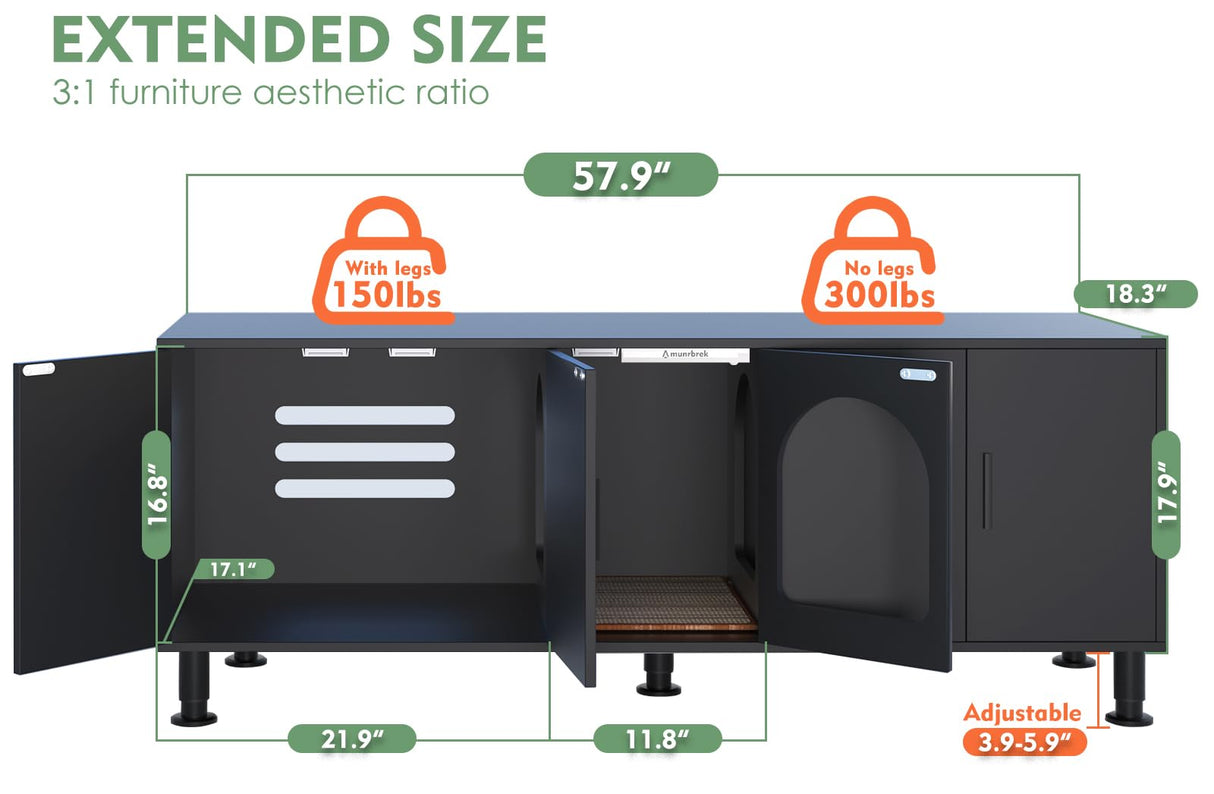Amunrbrek Double Litter Box Enclosure, Litter Box Enclosure for 2 Litter Boxes, Modern Litter Box Furniture for 2 Cats, with Cat Door & Motion Light (Black) amunrbrek