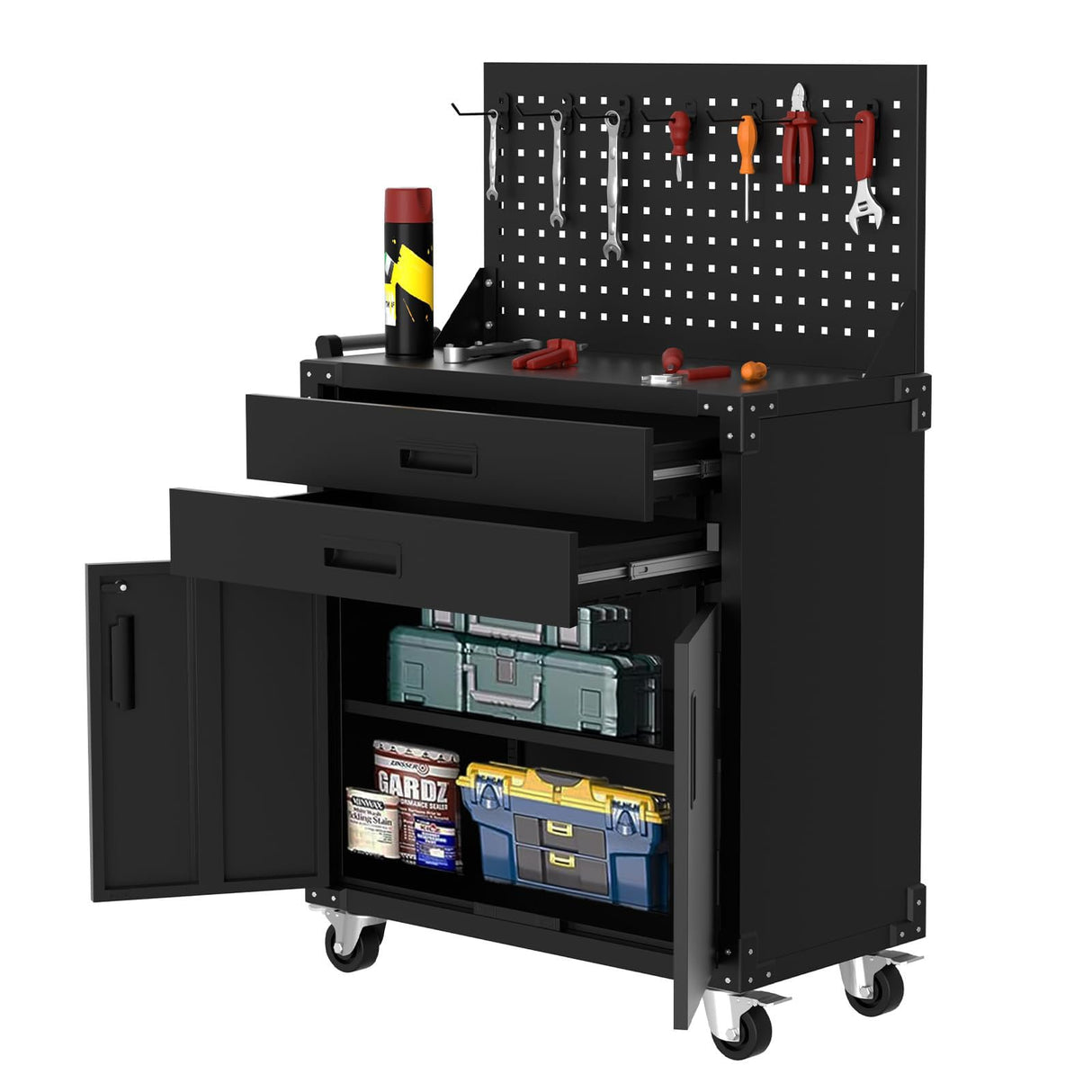 EcoSummer 35" Heavy-Duty Steel Rolling Tool Cabinet with 2 Deep Drawers & Locking Casters, Adjustable Shelves, Built-in Pegboard, Garage, Workshop, Warehouse Storage Organizer, Mobile Workbench EcoSummer