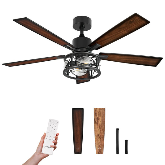 Consciot Ceiling Fan With Lights, 52 Inch Farmhouse Indoor Ceiling Fan With Remote, Quiet Reversible DC Motor, 5 Double Finish Wood Blades, Easy Dual Mount, Support Dimmable 2*E26 Bulbs(not included)