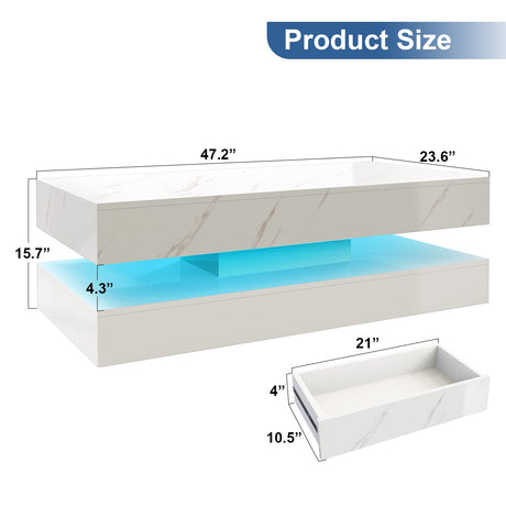 HOMFAMILIA LED Coffee Table with 2 Storage Drawers, Modern High Gloss White Coffee Table w/20 Colors LED Lights, 2 Tiers Rectangle Center Table for Living Room with Marbling Print, APP Control, White HOMFAMILIA