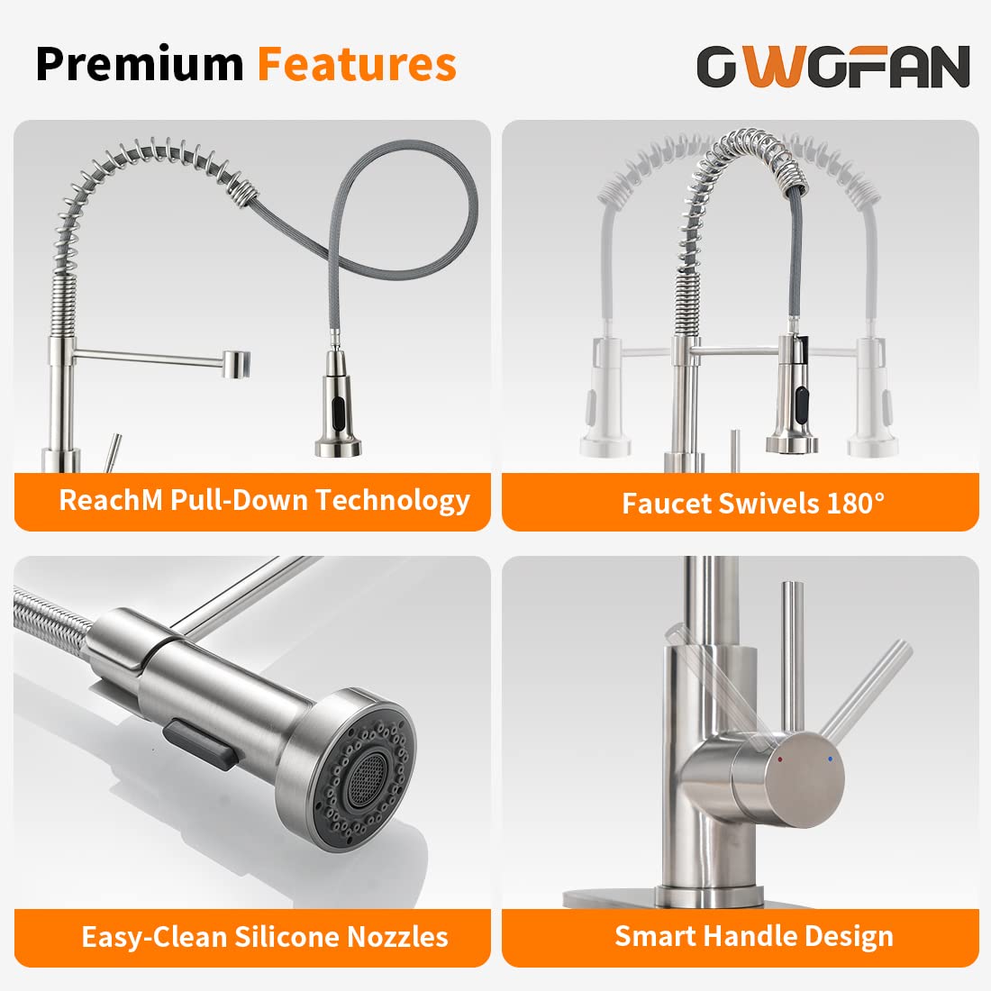OWOFAN Kitchen Faucet with Pull Down Sprayer Brushed Nickel Stainless Steel Single Handle Pull Out Spring Sink Faucets 1 Hole Or 3 Hole Dual Function for Farmhouse Camper Laundry Utility Rv Wet Bar OWOFAN