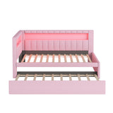 DaiNNCN Twin Size Daybed with Trundle Built-in USB Ports and LED,L-Shaped Day Bed Frame with Storage Shelves,Corner Unit Sleeper Sofa Bed for Girls,Kids,Adults-Pink DaiNNCN