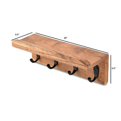 NIRMAN Acacia Wood Rustic Key Holder for Wall, Farmhouse Wall Shelf with 4 Hooks for Entryway Farmhouse Kitchen (10" x 3.5" x 3.5")